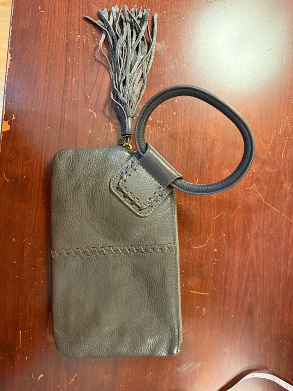 HOBO leather Gray and Brown Floral Lined Interior wristlet  with Gold Zipper